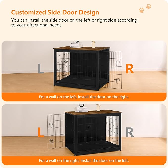DWANTON Dog Crate Furniture with Cushion, Wooden Kennel Table with Double Doors, Indoor Dog House, Extra Large Size, 43.3" L, Black+Warm Brown-PawvioPets