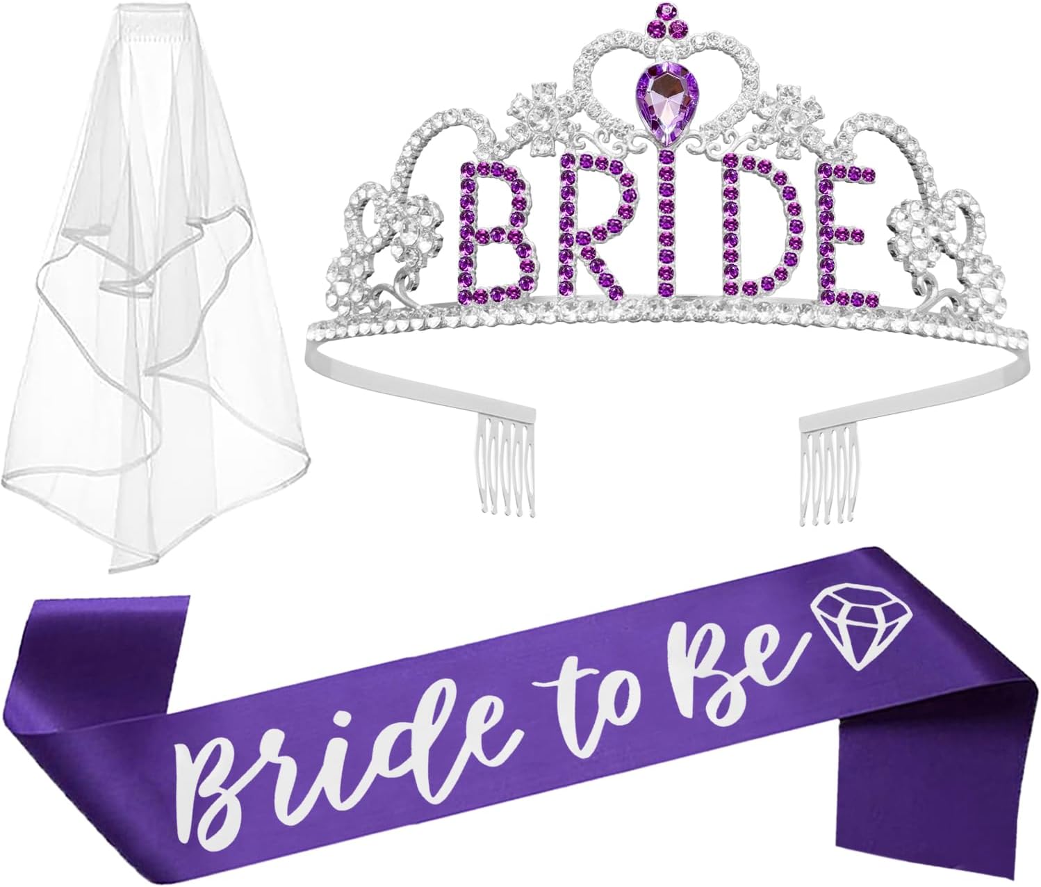 JETKONG 3 Pcs Bachelorette Party Decorations "BRIDE" Crown, Bride to Be Sash&Veil for Women Bachelorette Party Gifts, Bridal Shower Supplies, Gifts, Favors (Purple)
