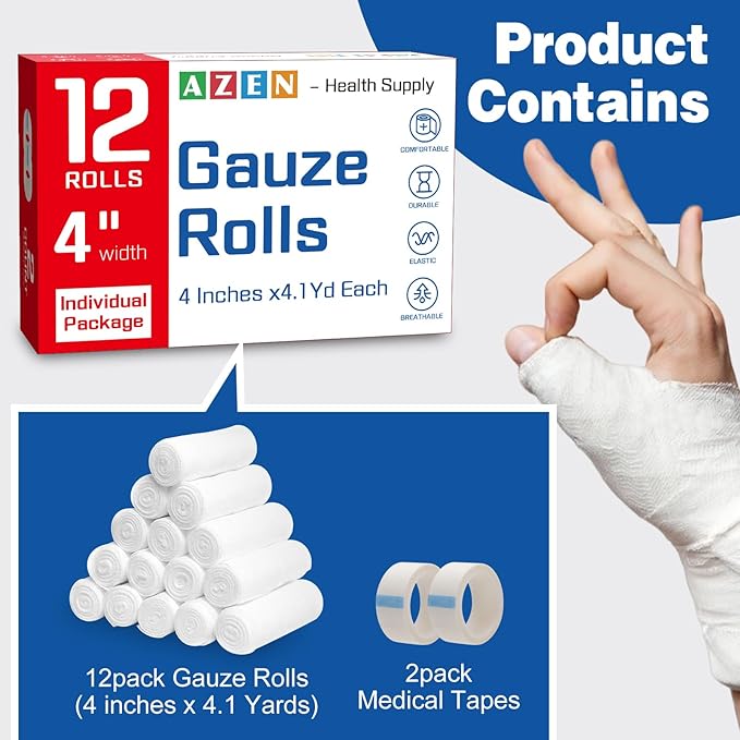 AZEN 12 Pack Gauze Rolls Bandages, 4 in x 4.1 Yards, Premium Medical Supplies & First Aid Supplies, Bandage Wrap Vet Wrap, Mummy Wraps-PawvioPets