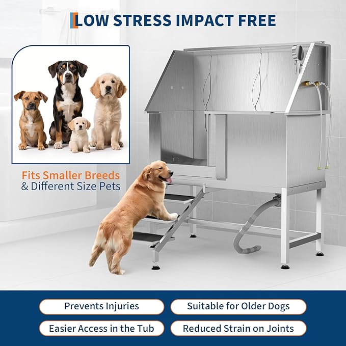50" Stainless Steel Professional Dog Washing Station - Pet Bathing Tub w/Non-Slip Stairs | Slip-Resistant Floor Grate | for Large/Medium/Small Dogs-PawvioPets