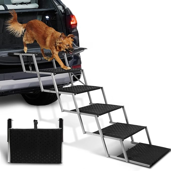 Extra Wide Dog Stairs for Large Dogs,Dog Ramps for Cars,Portable Folding Doggy Stairs for Cars,SUV,Trucks,Pet Ramp with Non-Slip Surface,Pet Steps Supports Up to 250 lb,6 Steps-PawvioPets