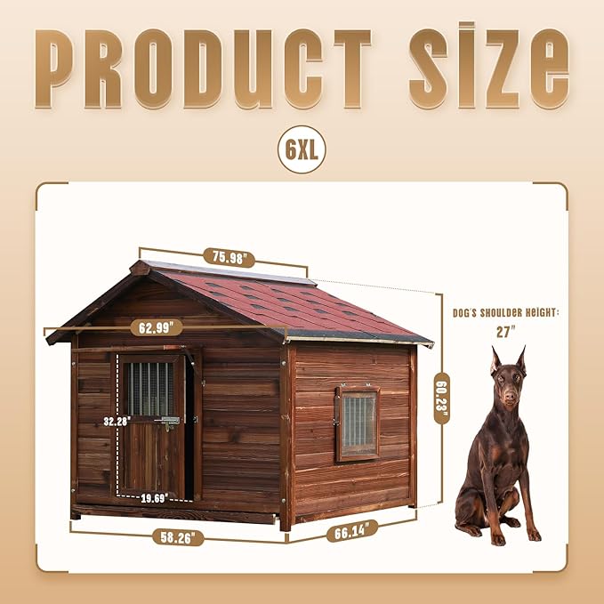 Extra Large Dog House Outdoor Made of Solid Pine Wood, Warm Doghouse, Dog House with Elevated Floor for Large Dogs, (Wood, 6XL)-PawvioPets