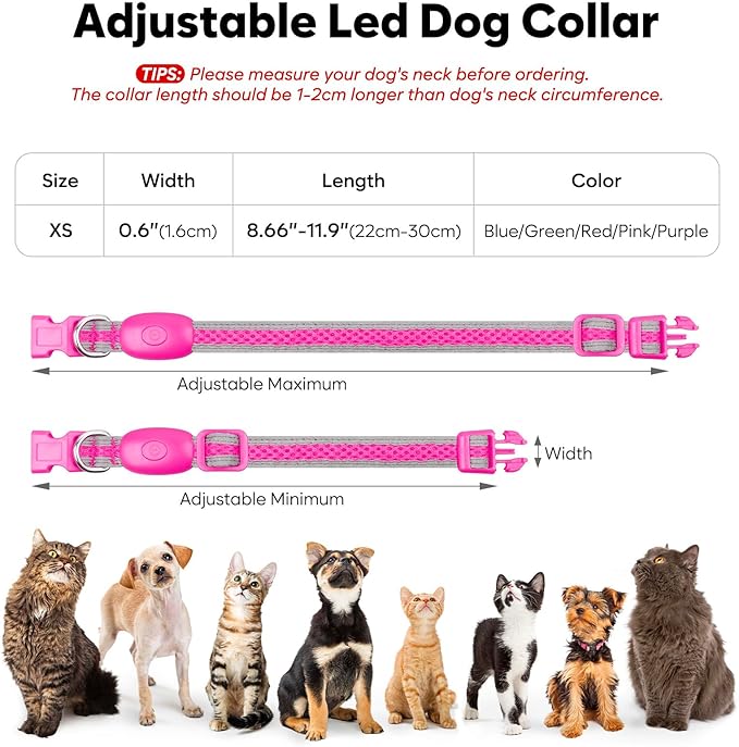 Flashseen LED Cat Collar,Light Up Dog Collar Rechargeable, Dog Lights for Night Walking, Comfortable Soft Mesh Pet Collar Adjustable for Cats Puppy and Small Dogs(Pink, XS)-PawvioPets