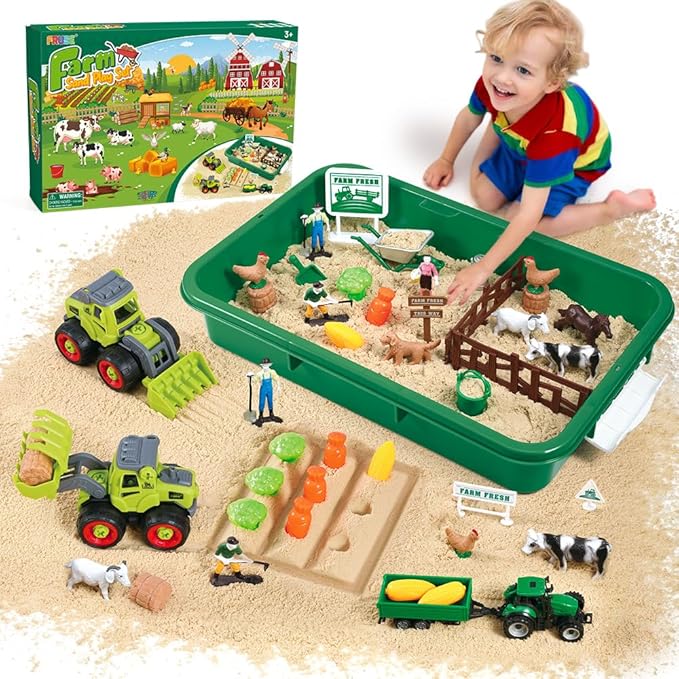 FRUSE Play Sand Farm Toys,Sensory Bins for Toddlers with 2.2lbs Sensory Play Sand,Farm Figures & Tractor Playset,Sandbox Toys for Kids 3 4 5 6 7-PawvioPets