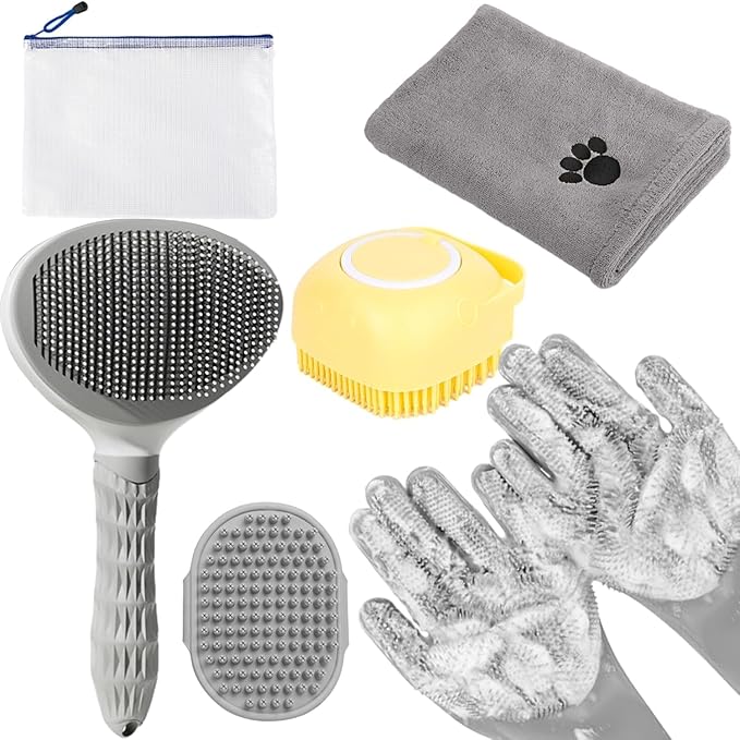 6-in-1 Grey Pet Grooming Kit: Hair Brush, Towel, Washing Gloves, Slicker Brush, and Shampoo Scrubber for Dogs and Cats-PawvioPets