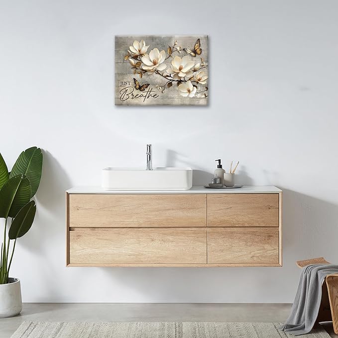 Floral Magnolia Bathroom Pictures Wall Art, Just Breathe Bathroom Wall Decor, Flower Butterfly Framed Painting Canvas Artwork for Bedroom Living Room Decorations 16"L x 12"W-PawvioPets