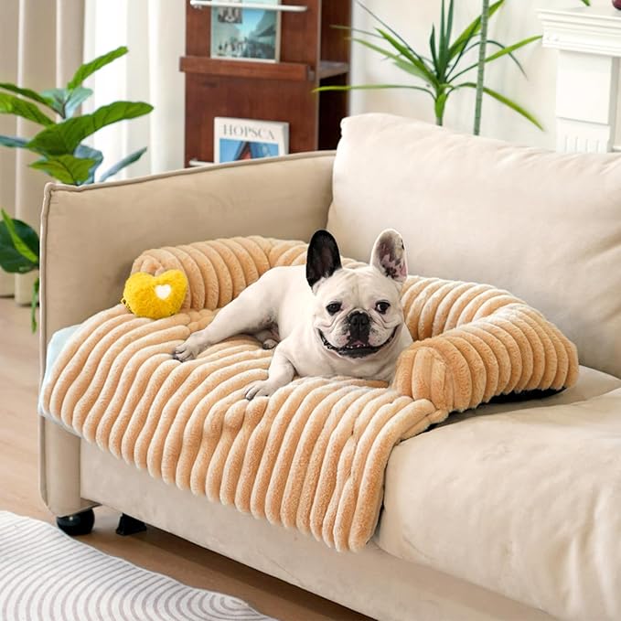 FUNNY FUZZY Pet Couch Cover for Sofa, Calming Dog Bed for Couch, Fluffy Plush Dog Couch Mat for Furniture Protector for Medium Dogs and Cats, 33×28 in, Khaki-PawvioPets
