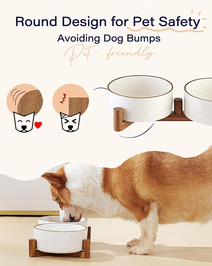 Getstar Ceramic Dog Bowls with Acacia Wood Stand, 30 fl oz, Set of 2, Dog Food Bowl with Colored Rim-PawvioPets