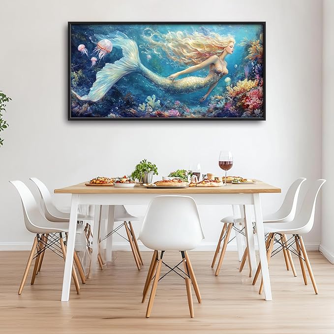 Extra Large Framed Mermaid Wall Art,Oversized Undersea Ocean Wall Decor,Colorful Coral Reefs Pictures for Living Room,Elegant Canvas Print Painting Modern Artwork Bedroom Bathroom 60L x 30W-PawvioPets