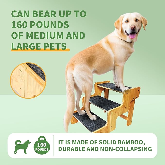 Dog Stairs for Small Dogs,3-Step Bamboo Wooden Dog/Pet/Cat Steps Ramp for Couch Sofa,Bed and Car, Can Support Weighing Up to 160 LB,-PawvioPets