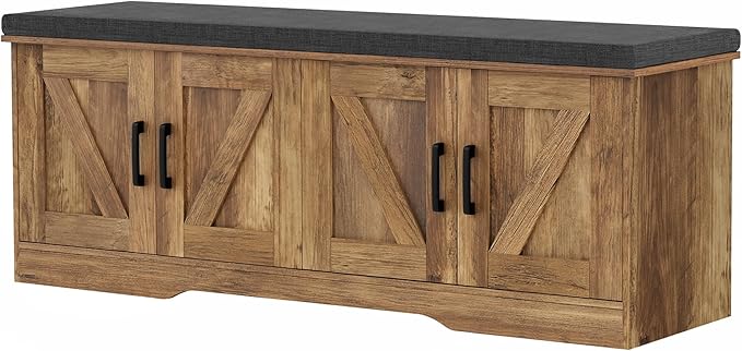 2-Tier Storage Bench, Shoe Bench with Padded Seat Cushion, Entryway Bench with 4 Barn Doors, Adjustable Shelf, 13.8" D x 47.2" W x 17.7" H, for Entryway, Living Room, Bedroom, Rustic Walnut-PawvioPets