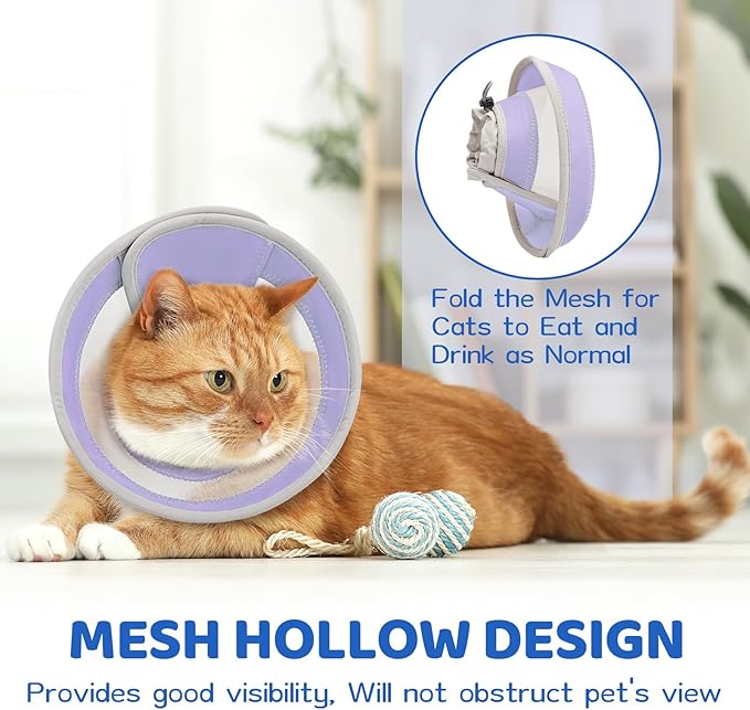 Breathable Air Mesh Cat Cone Collar Soft to Stop Licking, Adjustable, Foldable Lightweight Kitten Cones After Surgery Recovery for Cats & Kittens (Light Purple,L)-PawvioPets