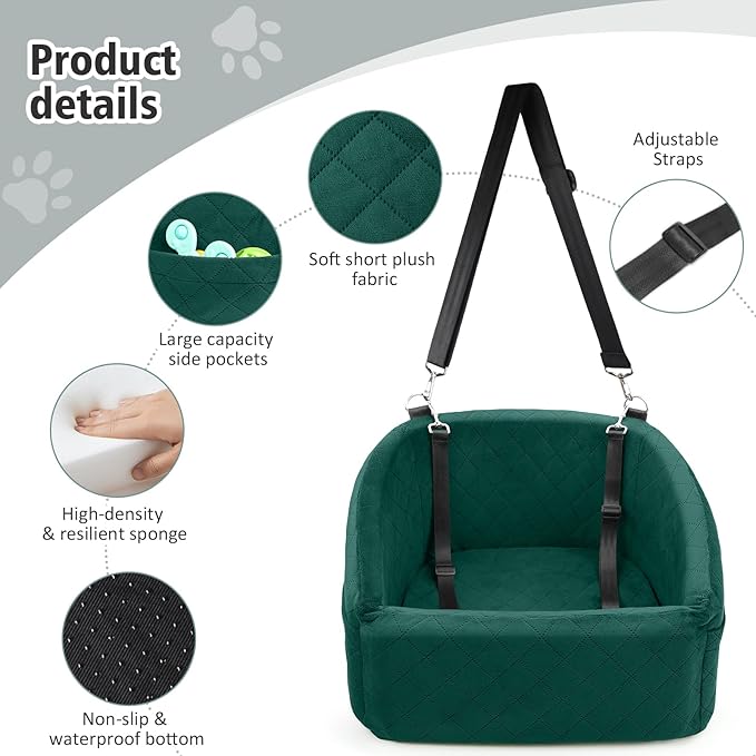 Dog Car Seat for Small Medium Dogs,Detachable Washable Dog Booster Seat Under 30lbs, Pet Car Seats Travel Bed with Storage Pockets and Safety Belt(Green)-PawvioPets