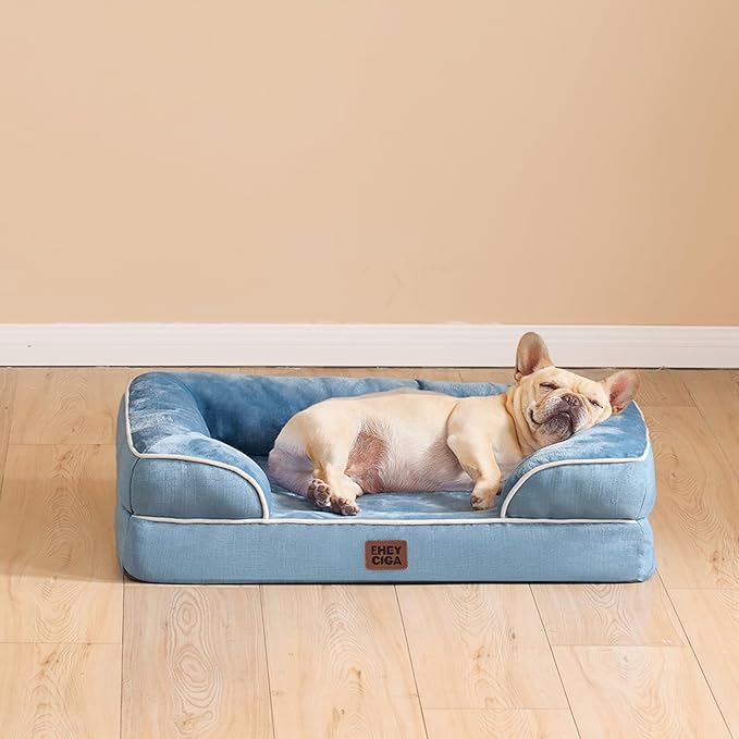 EHEYCIGA Orthopedic Dog Beds for Large Dogs, Waterproof Memory Foam Large Dog Bed with Sides, Non-Slip Bottom and Egg-Crate Foam Pet Couch Bed with Washable Removable Cover, Washed Blue-PawvioPets