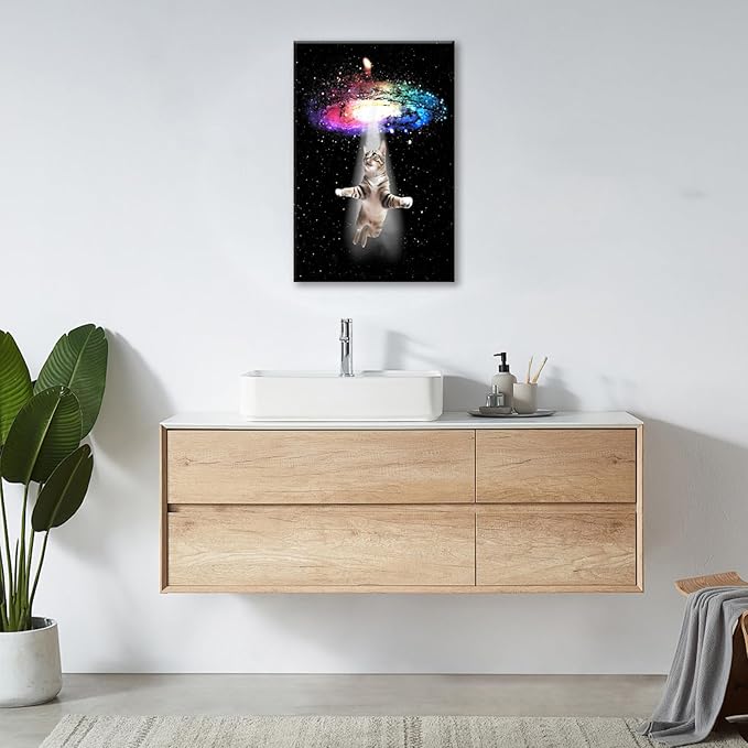 Funny Cat Wall Art Canvas Galaxy Wall Decor Prints Framed Painting Animal Pictures Gifts Artwork for Bathroom Living Dining Kitchen 16"x24"-PawvioPets