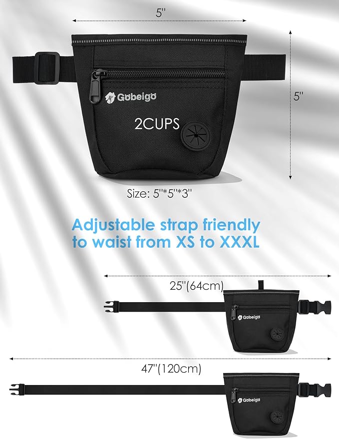 Gobeigo Dog Treat Pouch and Training Clicker, Upgrade Two Magnetic Closure to Prevent Spills, 2 Cup Treat Bag with Poop Bag Dispenser, Metal Clip Waist Belt Fanny Pack for Pet Walk (Black)-PawvioPets