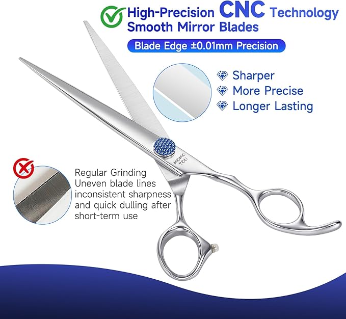 7.5'' Dog Grooming Scissors CNC 440C Blades Sharp and Durable Polished Straight Dog Shears with Blue Diamond Adustable Screws Easy to Use for Groomer and Home User-PawvioPets