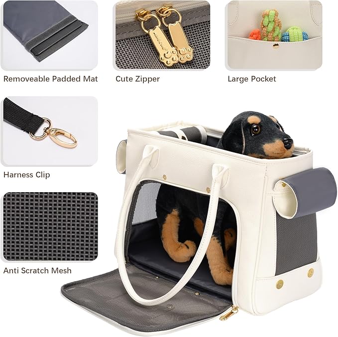 Fashion Pet Carrier Purse for Small Cat and Dog, Luxury Pu Soft-Sided Tote Bag with Large Pockets for Dogs and Puppies (White, 15.8" L x 7.5" W x 11.8" H)-PawvioPets