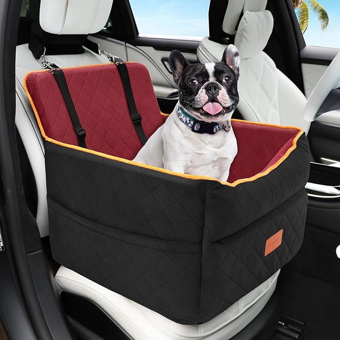 Dog Car Seat for Small Medium Dogs, Memory Foam Puppy Dog Booster Seat with Thick Cushion for Dogs Under 35lbs, Detachable Washable Pet Car Seat Travel Bed with Storage Pockets,2 Safety Belts-PawvioPets