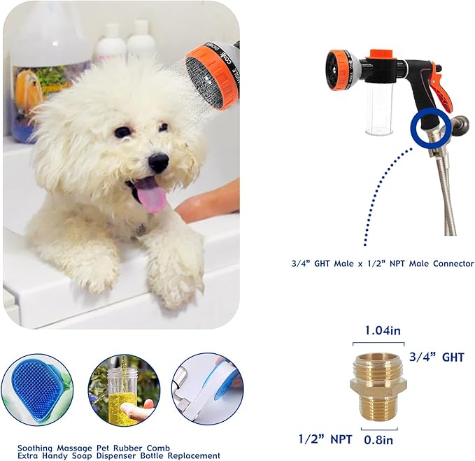 Dog Shower Attachment Water Hose Nozzle Sprayer Set with Metal 3-Way Shower Diverter & 6.6 Ft Long Hose for Bathroom Shower Arm Easy Indoor Outdoor Pet Pup Dog Washing Hose attachment-PawvioPets