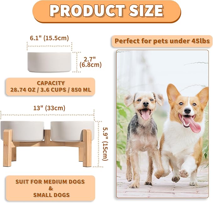 Elevated Ceramic Dog Bowl Set - Raised Dog Bowls with Non-Slip Bamboo Stand - Dog Food and Water Bowl Set - Double Dog Feeding Bowls - Suitable for Small and Medium Dogs - 28.74 OZ - 3.6 CUPS - 850 ML-PawvioPets