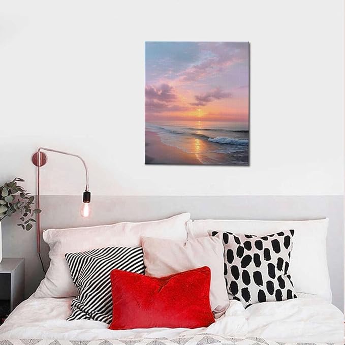 Beach Sunset Wall Art Ocean Coastal Scenery Wall Decor Seascape Picture Canvas Landscape Painting Print Framed Artwork Decorations for Living Room Office Bedroom Kitchen 24"x20"-PawvioPets