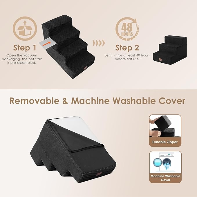 EHEYCIGA Dog Stairs for Small Dogs 13.5" H, 3-Step Dog Steps for Couch Sofa and Chair, Pet Steps for Medium Cats, Non-Slip Balanced Pet Ramp Indoor, Black-PawvioPets