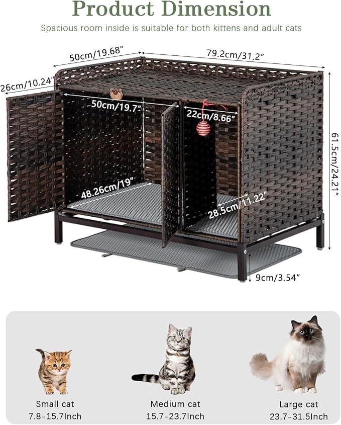Cat Litter Box Enclosure Furniture with Divider, Handwoven Rattan Litter Box with Mat, 31.2 x 19.6 x 24.2 Inches, Metal Heightened Feet, Hidden Cat House for Living Room, Bedroom (Brown)-PawvioPets