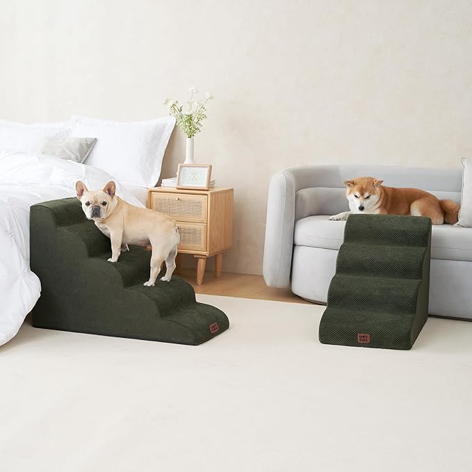 EHEYCIGA Curved Dog Stairs Ramp for High Beds 22.6" H, 5-Step Dog Steps for Small Dogs and Cats, Pet Stairs for High Bed Climbing, Non-Slip Balanced Pet Step Indoor, Olive Green-PawvioPets