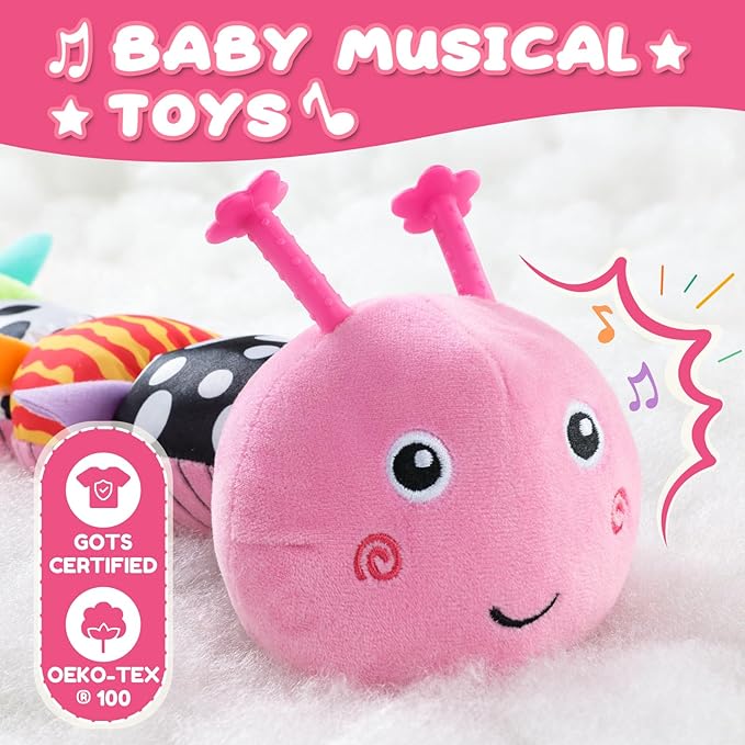 Baby Toys 0-6-12 Months,Musical Caterpillar Stuffed Animals Activity Infant Toys with Crinkle,Rattles,Mirror&Pull String,Muti-Sensory Toys Gifts for Newborn Tummy Time,Candy Pink|Leafy-PawvioPets