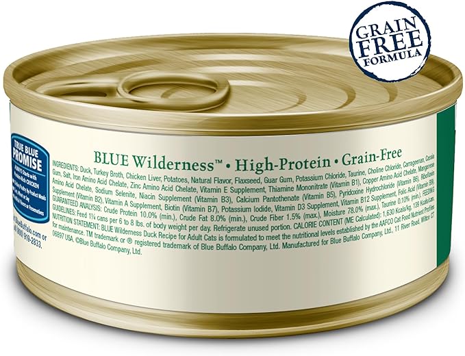 Blue Buffalo Wilderness Natural High-Protein Grain-Free Wet Food for Adult Cats, Duck Paté, 3-oz. Cans, 24 Count-PawvioPets