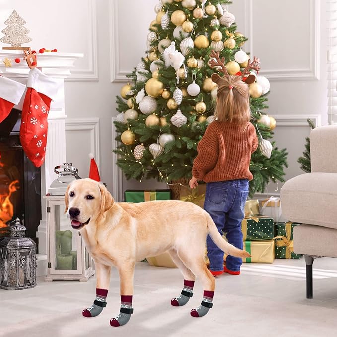 BEAUTYZOO Christmas Winter Anti-Slip Dog Socks with Grips Traction Control for Small Medium Large Dogs, Non Skid Indoor Double Side Pet Paw Protector for Hardwood Floor Wear, Snowflake S/M-PawvioPets