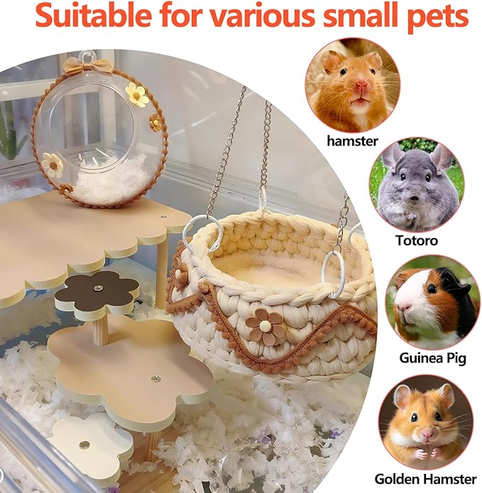 4-Pack Wooden Rat Cage Accessories - Platforms, Ladders & Hammocks Set for Chinchillas, Hamsters, Gerbils (for Iron/Wooden, Acrylic Hamster Cages + Customizable Layout) (9.1x5.6x4.3)-PawvioPets