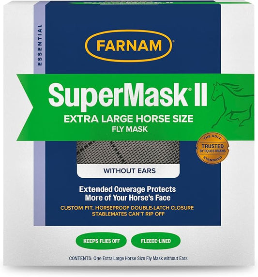 Farnam SuperMask II Fly Mask Without Ears for Larger Horses, Full Face Coverage and Eye Protection from Insect Pests, Structured Classic Styling Mesh with Plush Trim, XL Size-PawvioPets