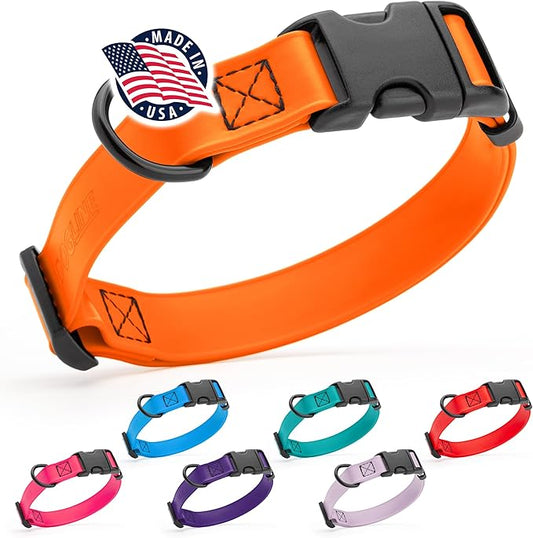 Dogline Biothane Waterproof Dog Collar with Quick Release Buckle Strong Coated Nylon Webbing with Odor- Proof for Easy Care Easy to Clean Fits Small Medium Large Dogs, Orange 5/8" W 9-14" L-PawvioPets