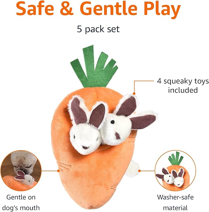 Amazon Basics Interactive Hide and Seek Squeaky Dog Plush Toy, Rabbit and Carrot, Orange and White, 5-Pack-PawvioPets