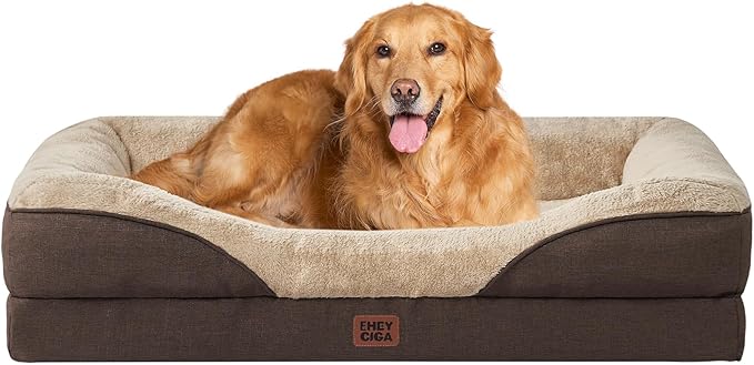 EHEYCIGA Memory Foam XL Dog Bed for XLarge Sized, Extra Large Orthopedic Dog Sofa with Sides and Waterproof Liner, Washable Bolster Pet Couch with Removable Cover, 48x35x7.5 Inch, Brown-PawvioPets