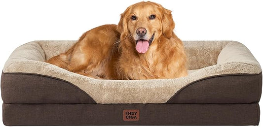 EHEYCIGA Memory Foam XL Dog Bed for XLarge Sized, Extra Large Orthopedic Dog Sofa with Sides and Waterproof Liner, Washable Bolster Pet Couch with Removable Cover, 48x35x7.5 Inch, Brown-PawvioPets