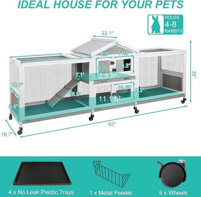 2-Tier Rabbit Hutch with Wheels, Indoor & Outdoor Small Animal Cage with Deep Pull-Out Tray, Anti-Chew Frame, Habitat for Bunny, Guinea Pig, Chinchilla (93" L x 19" W x 35" H)-PawvioPets