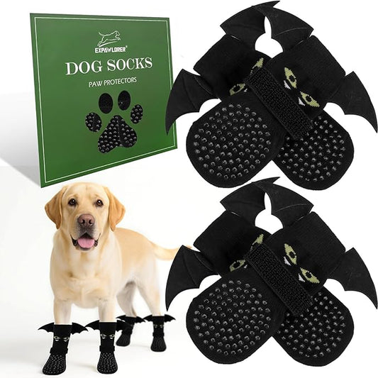 EXPAWLORER Halloween Anti Slip Dog Socks to Prevent Licking Paws, Boots & Paw Protectors with Grippers,Doggie Booties for Hardwood Floors for Small Medium Large Senior Dogs Costume Black Devil Wings L-PawvioPets
