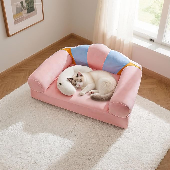 Cute Cat Couch with Soft Pillow, Supportive Dog Couch, Cat Sofa with Removable Cover，Cute Rainbow Shaped, 24 Inch-PawvioPets