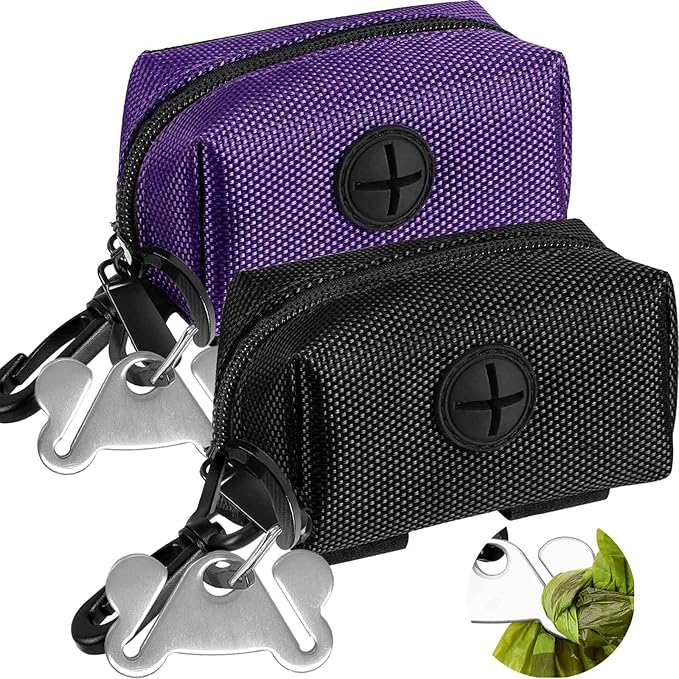 Dog Waste Bag Dispenser Pet Poop Bags Holder for Doggie Waste Bags Dispensers Soft Fabric Zipper Small Doggy Puppy Pouch for Leash Accessory Attachment with Carrier,2PCS Purple&Black-PawvioPets