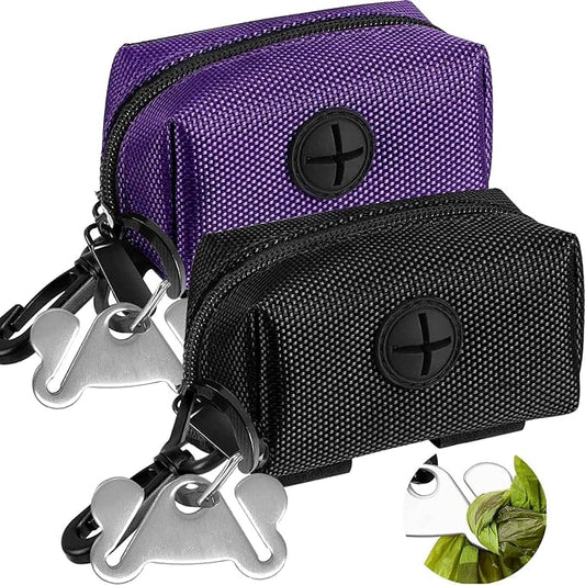 Dog Waste Bag Dispenser Pet Poop Bags Holder for Doggie Waste Bags Dispensers Soft Fabric Zipper Small Doggy Puppy Pouch for Leash Accessory Attachment with Carrier,2PCS Purple&Black-PawvioPets