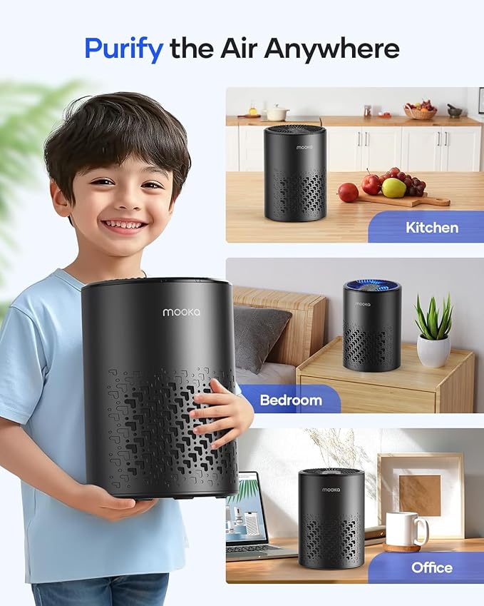 Air Purifiers for Bedroom Home, MOOKA HEPA Air Purifier for Home Pets with Fragrance Sponge for Smoke Dust Pollen Dander Odor, Small Air Purifier with Sleep Mode Night Light Timer, KJ067L, Black-PawvioPets