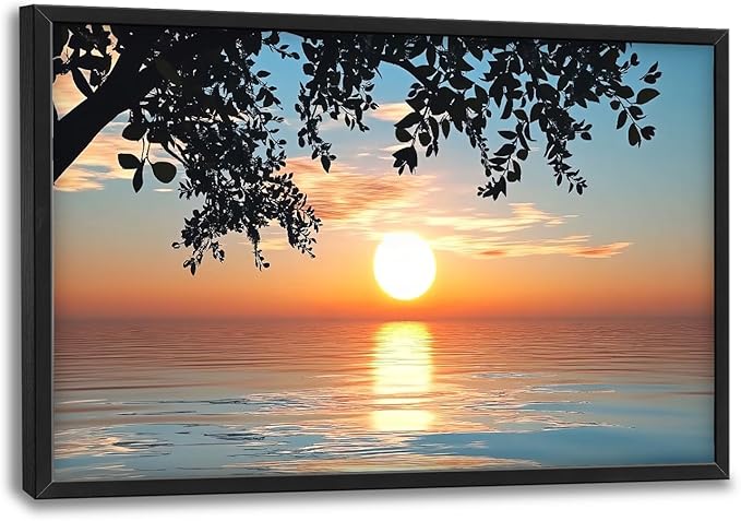Framed Large Lake Sunset Wall Art, Oversized Natural Landscape Wall Decor for Living Room, Tree Leaves Canvas Painting Pictures Home Decoration for Living Room Bedroom Office 36"x24"-PawvioPets