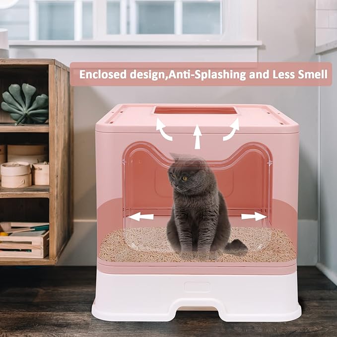 Foldable Cat Litter Box with Lid, Enclosed Potty, Large Top Entry Anti-Splashing Toilet, Easy to Clean Including Litter Scoop and 2-in-1 Cleaning Brush (Pink)-PawvioPets