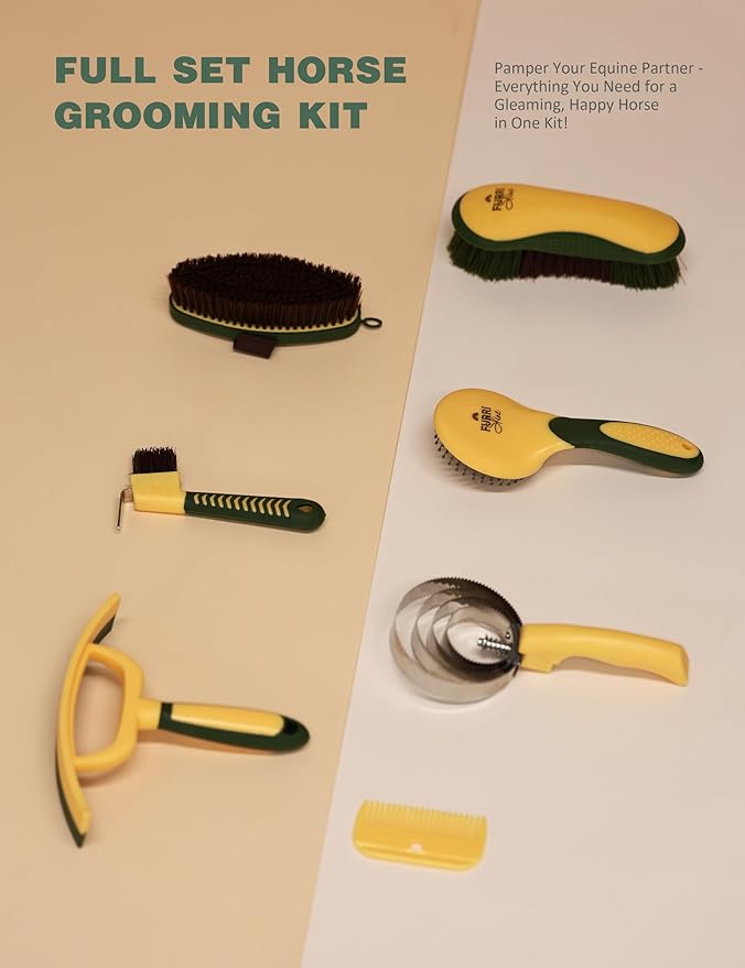 9PCS Horse Grooming Kit Curry Comb Sweat Scraper Horse Bathing Supplies Grooming Tools with Storage Bag Pasture Glow-PawvioPets