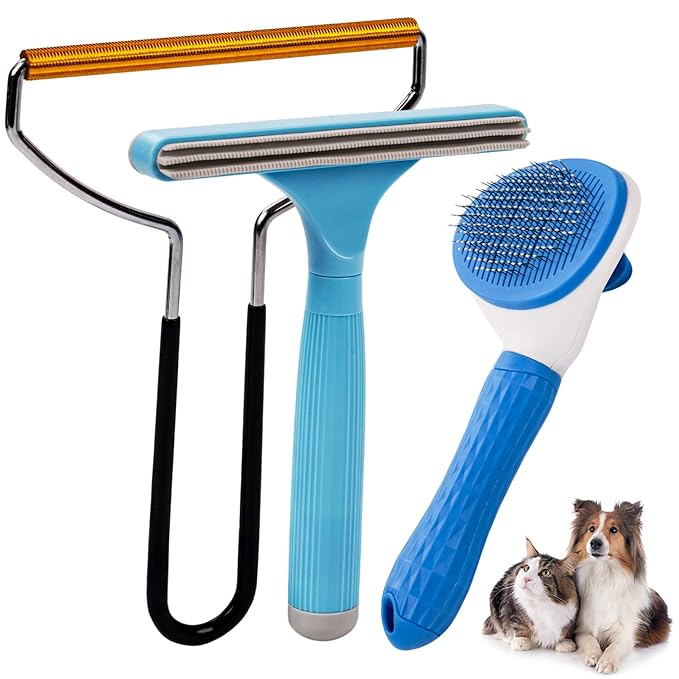 3 in 1 Analan Cat Brush Pet Hair Remover for Dog & Cat, Self-Cleaning Slicker Brush for Pet Grooming, Perfect Pet Hair Removal Tool for Furniture Carpets Couches and Bedding (Sky Blue)-PawvioPets