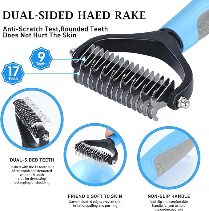 5 PCS Dog Grooming Brush Kit – Self Cleaning Slicker Brush for Shedding Short & Long Haired Dogs & Cats. Removes Loose Fur, Undercoat, Mats, Tangles. Suit for Small, Medium & Large Pets. Blue-PawvioPets