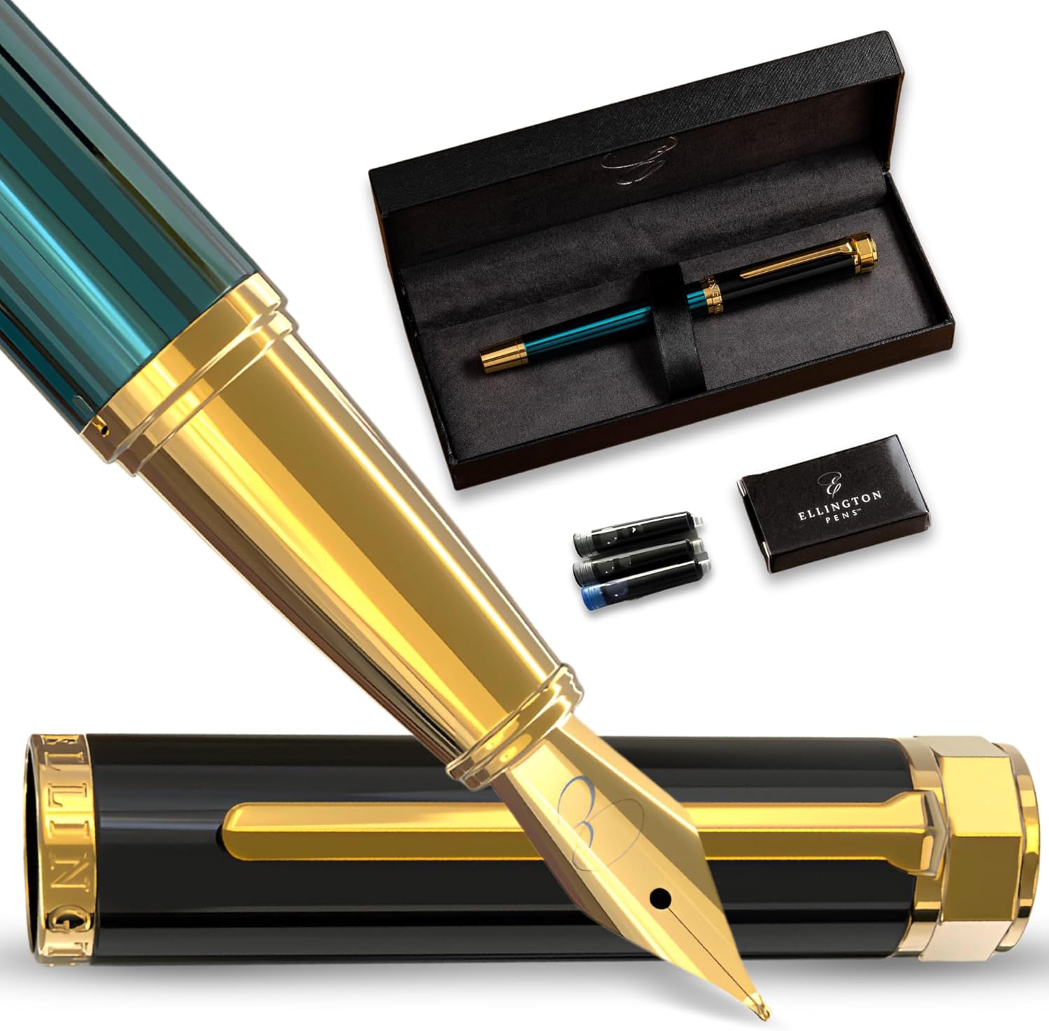 Ellington Pens Luxury Fountain Pen Set- Fountain Pens for Writing - Smooth Extra Fine Nib - Includes Refillable Ink Converter, 3 Ink Cartridges [Black & Blue], Gift Box - Elegant Calligraphy